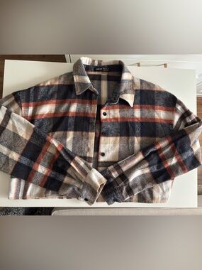 SHEIN brown, rust orange & Cream Plaid Button-Up cropped Shirt Size M